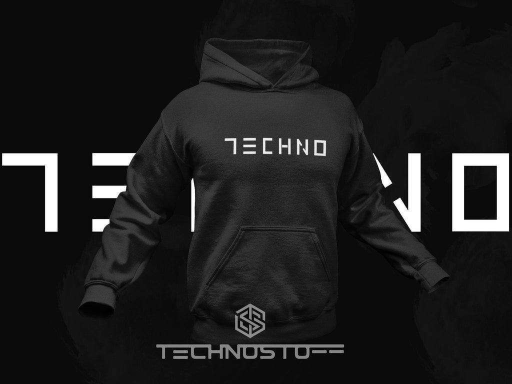 Schwarzer minimalistic Techno Hoodie für Frauen und Männer von Technostoff
