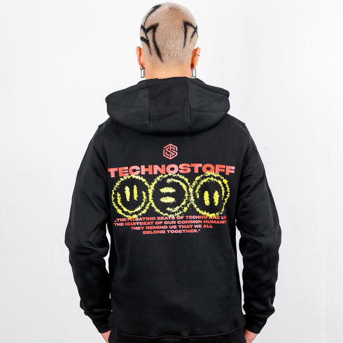 Raver mit "Off Track" Premium Hoodie in schwarz von Technostoff, Rückansicht