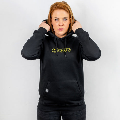 "Off Track" Premium Hoodie in schwarz von Technostoff, Vorderansicht mit Raverin