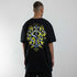 schwarzes oversized "Technostoff Tribe" Raver T-Shirt von hinten, getragen von einem Mann