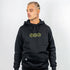Vorderansicht von "Off Track" Premium Hoodie in schwarz von Technostoff, getragen von Raver Mann