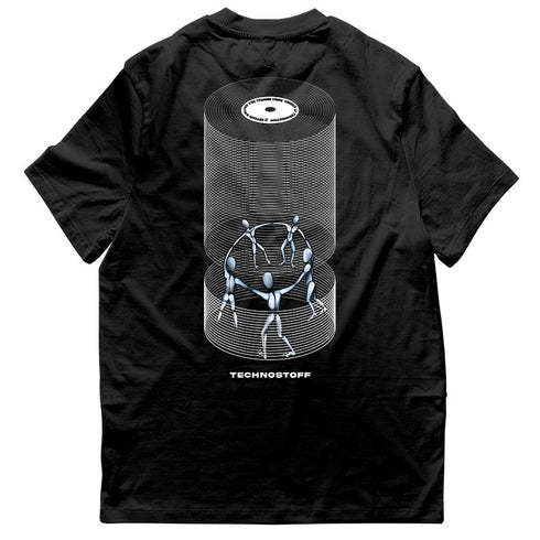 schwarzes Techno T-Shirt mit Beyond Sound Motiv flach von hinten, weißer Hintergrund