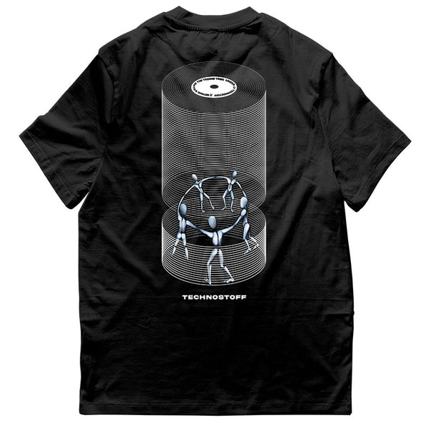 schwarzes Techno T-Shirt mit Beyond Sound Motiv flach von hinten, weißer Hintergrund