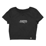 schwarzes Techno Crop Top für Raver mit Decay Motiv flach von vorne