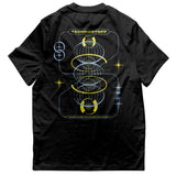 schwarzes Techno T-Shirt mitEternal Cycle Motiv flach von hinten, weißer Hintergrund