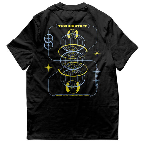 schwarzes Techno T-Shirt mitEternal Cycle Motiv flach von hinten, weißer Hintergrund