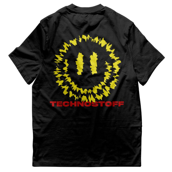 Felicimo T-Shirt mit gelbem Acid Smiley von hinten in schwarz von Technostoff