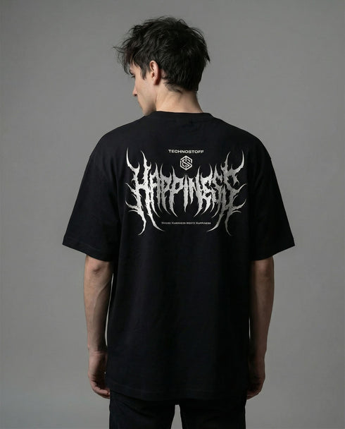 Schwarzes Happiness Techno T-Shirt für Raver von Technostoff, von hinten fotografiert, getragen von männlichem Model