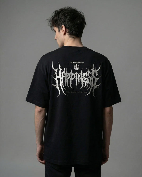 Schwarzes Happiness Techno T-Shirt für Raver von Technostoff, von hinten fotografiert, getragen von männlichem Model