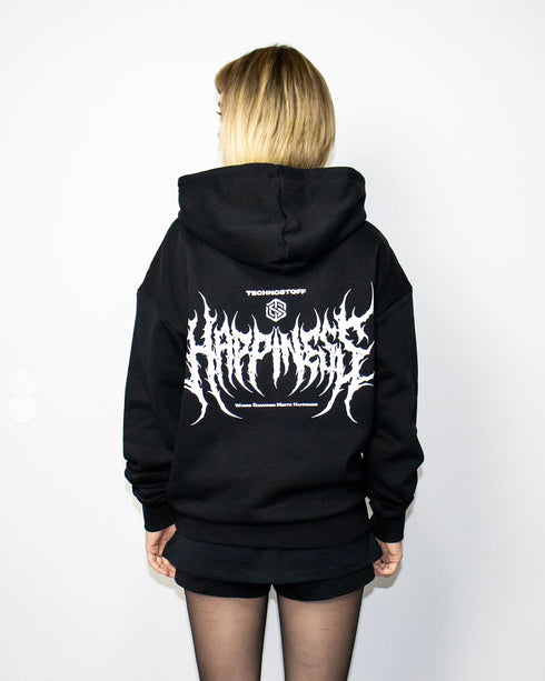 Schwarzer Happiness oversized ultra heavy Hoodie von Technostoff, getragen von weiblichem Model, fotografiert von hinten