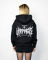 Schwarzer Happiness oversized ultra heavy Hoodie von Technostoff, getragen von weiblichem Model, fotografiert von hinten