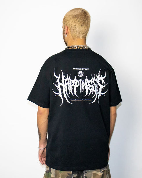 Schwarzes Happiness Techno T-Shirt für Raver von Technostoff, von hinten fotografiert, getragen von männlichem Model