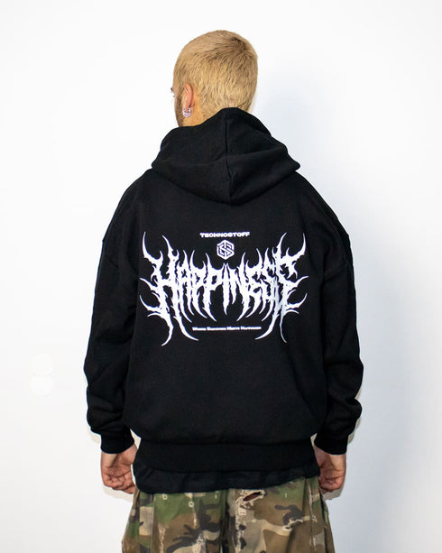 Schwarzer Happiness oversized ultra heavy Hoodie von Technostoff, getragen von männlichem Model, fotografiert von hinten