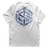 weißes Techno T-Shirt mit "Technostoff Tribe" Motiv flach von hinten, weißer Hintergrund