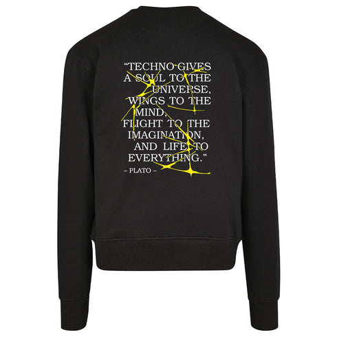 schwarze Techno Sweater mit "Plato Told" Motiv flach von hinten, weißer Hintergrund