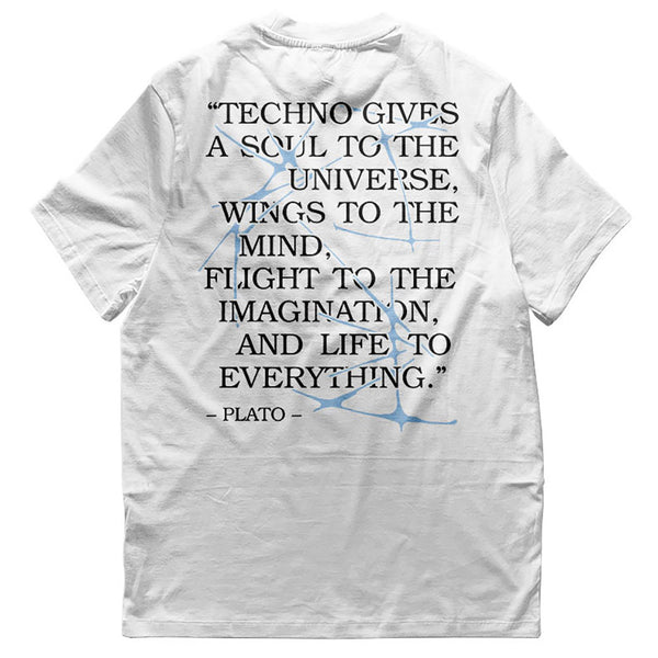 weißes Techno T-Shirt mit "Plato Told" Motiv flach von hinten, weißer Hintergrund