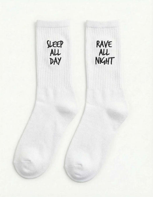 Rave All Night, Sleep All Day - bestickte Socken (black/white)