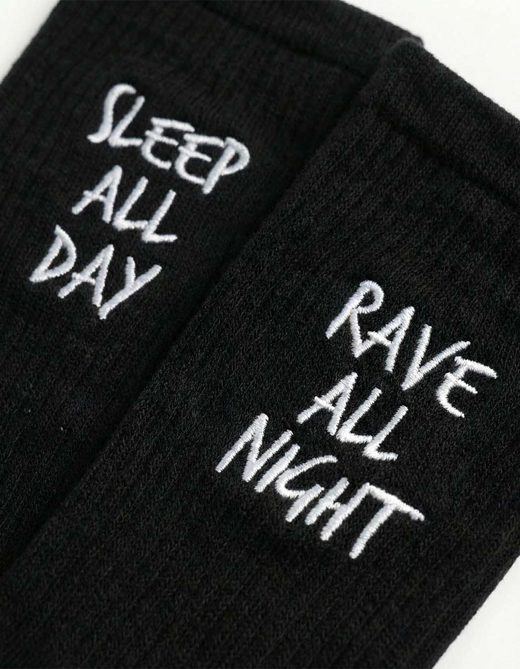 Rave All Night, Sleep All Day - embroidered Socks (black/white)