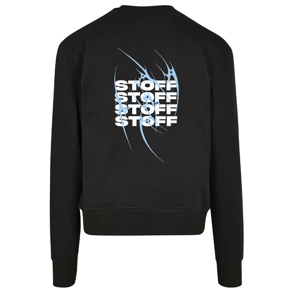 schwarzer Techno Sweater "Stoff hoch 4" Motiv flach von hinten, weißer Hintergrund
