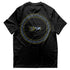 schwarzes Techno T-Shirt mit "Techno Tribe Circle" Motiv flach von hinten, weißer Hintergrund