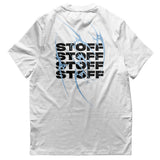 weißes Techno T-Shirt mit "Stoff hoch 4" Motiv flach von hinten, weißer Hintergrund