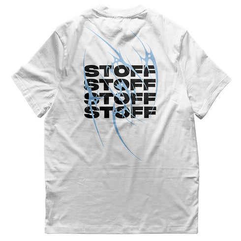 weißes Techno T-Shirt mit "Stoff hoch 4" Motiv flach von hinten, weißer Hintergrund