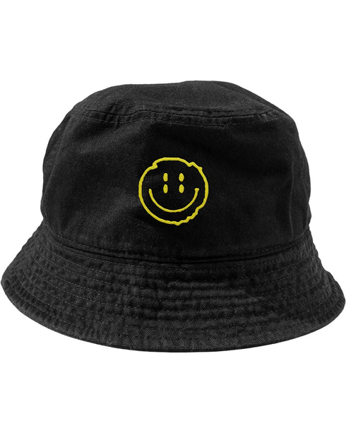 Raver Fischerhut mit "Distorted Smile" Flock-Aufdruck, verzerrter Smiley auf Techno Bucket Hat