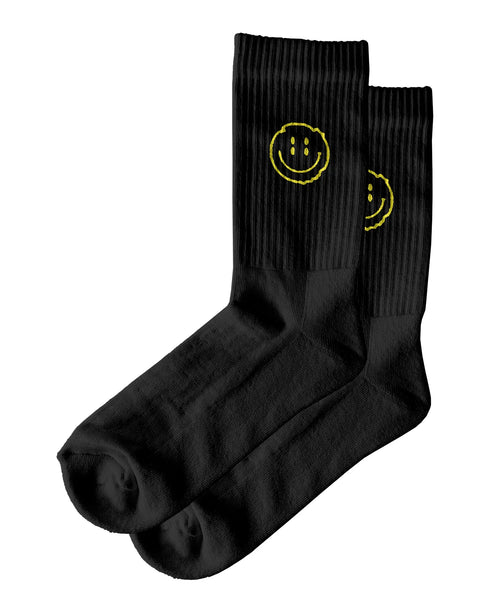 Distorted Smile Raver Socken in schwarz mit gelbem aufgestickten Smily
