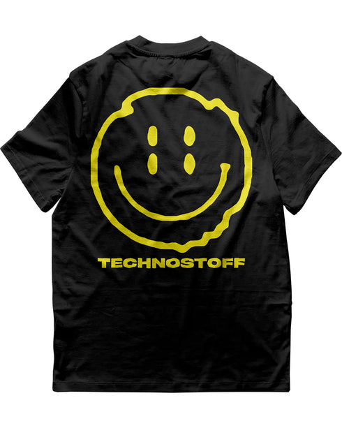 Mockup von "Distorted Smile" oversized Raver T-Shirt für Festival in schwarz, mit neon gelben Smily Aufdruck auf dem Rücken