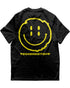 Mockup von "Distorted Smile" oversized Raver T-Shirt für Festival in schwarz, mit neon gelben Smily Aufdruck auf dem Rücken
