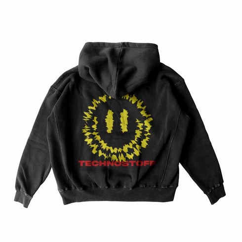 "Felicimo" Ultra Heavy Hoodie in schwarz von Technostoff, Rückansicht, getragen von Raver Girl