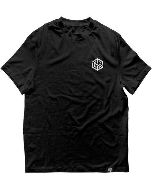 Mockup vom schwarzen Harmony T-Shirt der Dark Bliss Techno Kollektion von Technostoff, Frontansicht