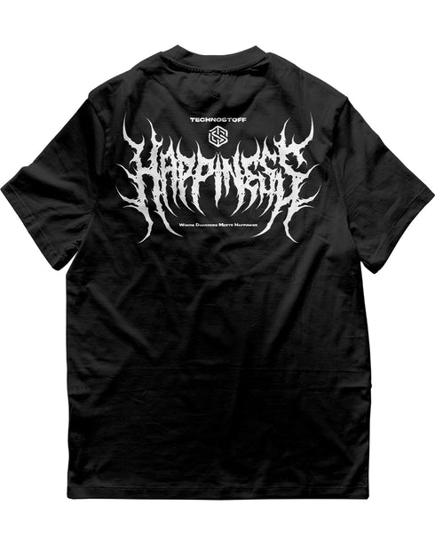 Mockup vom schwarzen Happiness T-Shirt der Dark Bliss Techno Kollektion von Technostoff, Rückenansicht