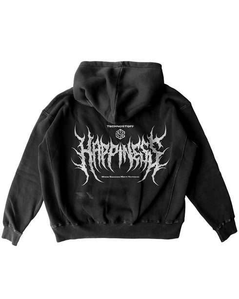 Schwarzes "Happiness" oversized Hoodie Mockup von Technostoff, in schwarz. Ansicht von hinten