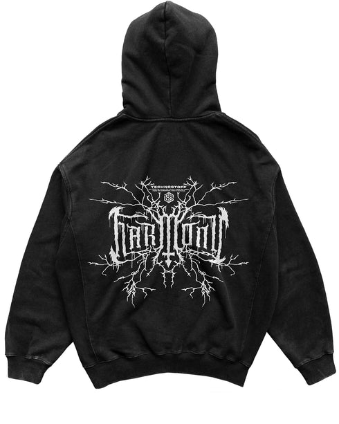 Mockup vom "Harmony" Zip Hoodie in schwarz, Ansicht von hinten.