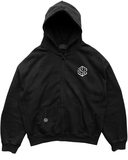 Mockup vom "Harmony" Zip Hoodie in schwarz, Ansicht von vorne.