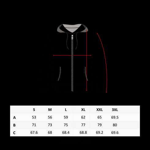 Größentabelle für Premium Zip Hoodie