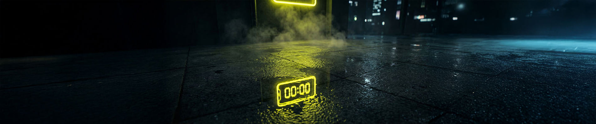 Technostoff Neongelbe digitale Uhr zeigt 00:00 auf nassem Betonboden, gelber Rauch und Stadtlichter im Hintergrund