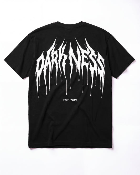 DARKNESS LTD tee in black, back view with large white DARKNESS print and the EST. 2019 lettering, flat lay