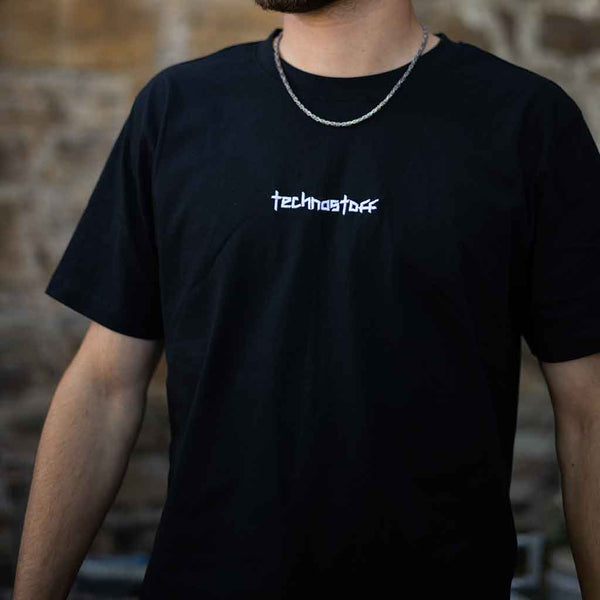 Technostoff Embroidery Backseam T-Shirt mit Stick auf der Brust und Detailprints in schwarz