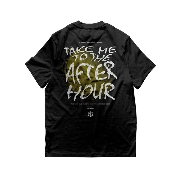 Take Me To The Afterhour oversized T-Shirt in schwarz von hinten, für Raver und Techno Fans