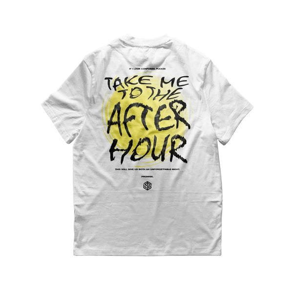 Take Me To The Afterhour oversized T-Shirt in weiß von hinten, für Raver und Techno Fans