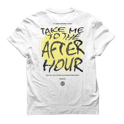 Take Me To The Afterhour regular T-Shirt in weiß von hinten, für Raver und Techno Fans
