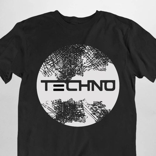 Schwarzes Technostoff Techno Circle T-Shirt mit weißem Kreis-Scratch-Print, Flat-Lay