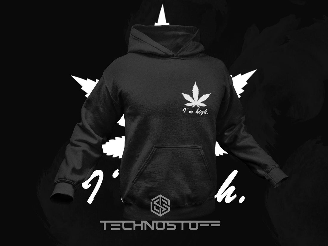 Black Premium Hoodie mit white I'm High Schriftzug und Hemp leaf unisex – TECHNOSTOFF