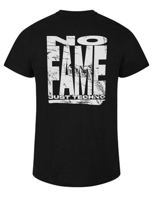 Schwarzes Technostoff NO FAME (, ) T-Shirt, Frontansicht mit Print