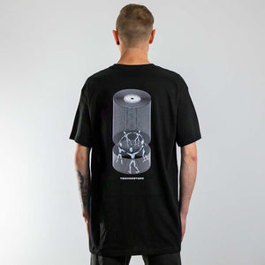 Raver wearing black Technostoff Beyond Sound T-shirt, back view
