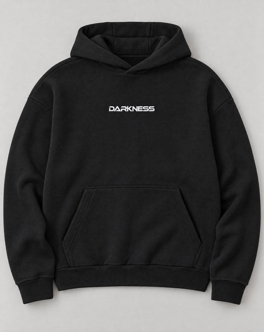 Technostoff DARKNESS Hoodie in Schwarz, oversized, mit weißem gesticktem DARKNESS-Schriftzug mittig auf der Brust, Kapuze, Känguru-Tasche und gerippten Bündchen, Flatlay Vorderseite auf hellgrauem Hintergrund
