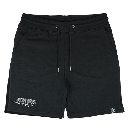 Short noir Technostoff Decay avec imprimé calligraphie blanc, flat lay