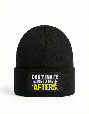 Black Technostoff Don't Invite Me beanie with colourful patch, flat lay